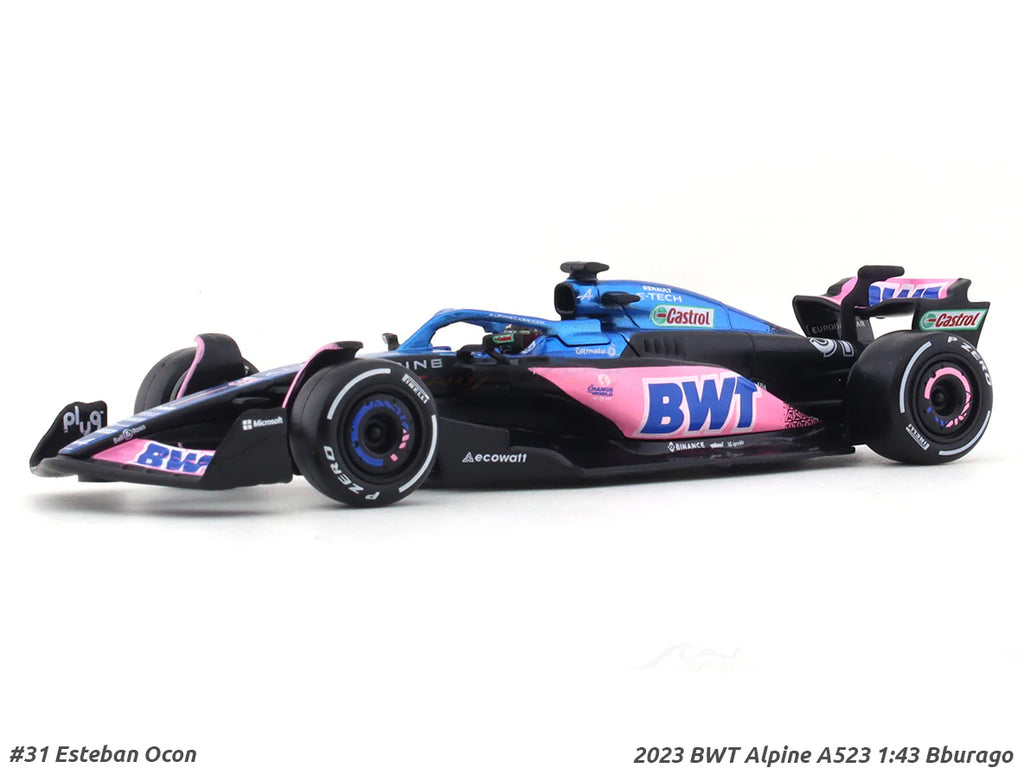 2023 BWT Alpine A523 Esteban Ocon 1:43 Bburago Formula 1 Diecast Scale Model Car - Front View