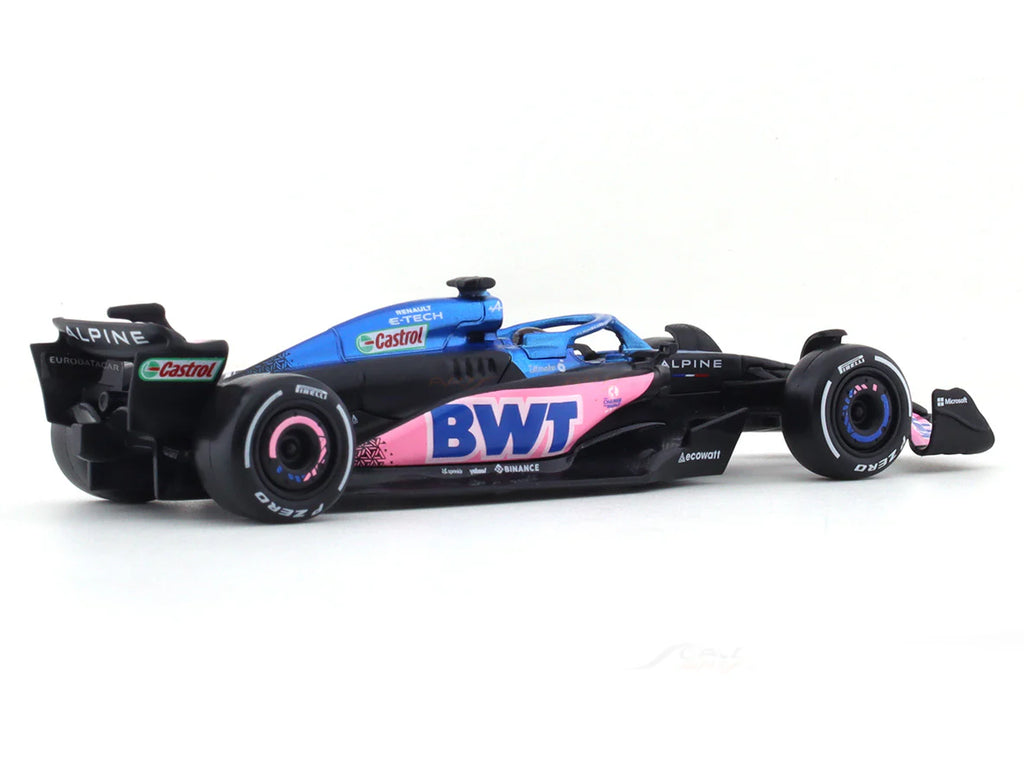 2023 BWT Alpine A523 Esteban Ocon 1:43 Bburago Formula 1 Diecast Scale Model Car - Angled View